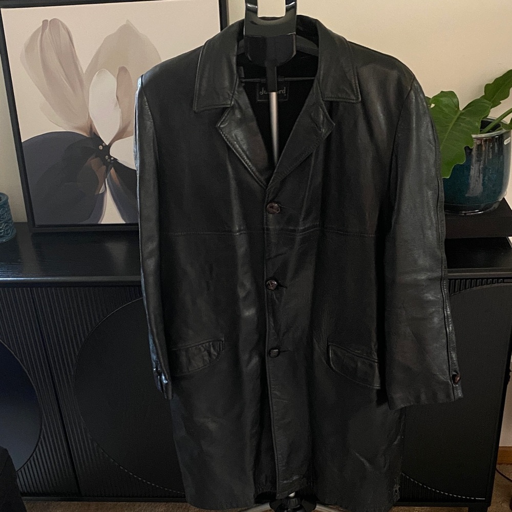 Vintage Juilliard 1970’s Angola Cabrera Black Leather Trench Coat